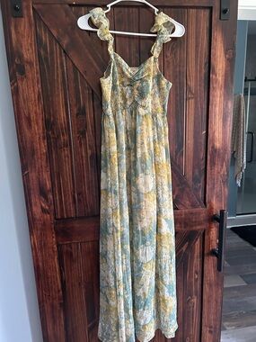 Floral Ruffle-Strap Maxi Dress in Sage & Mustard